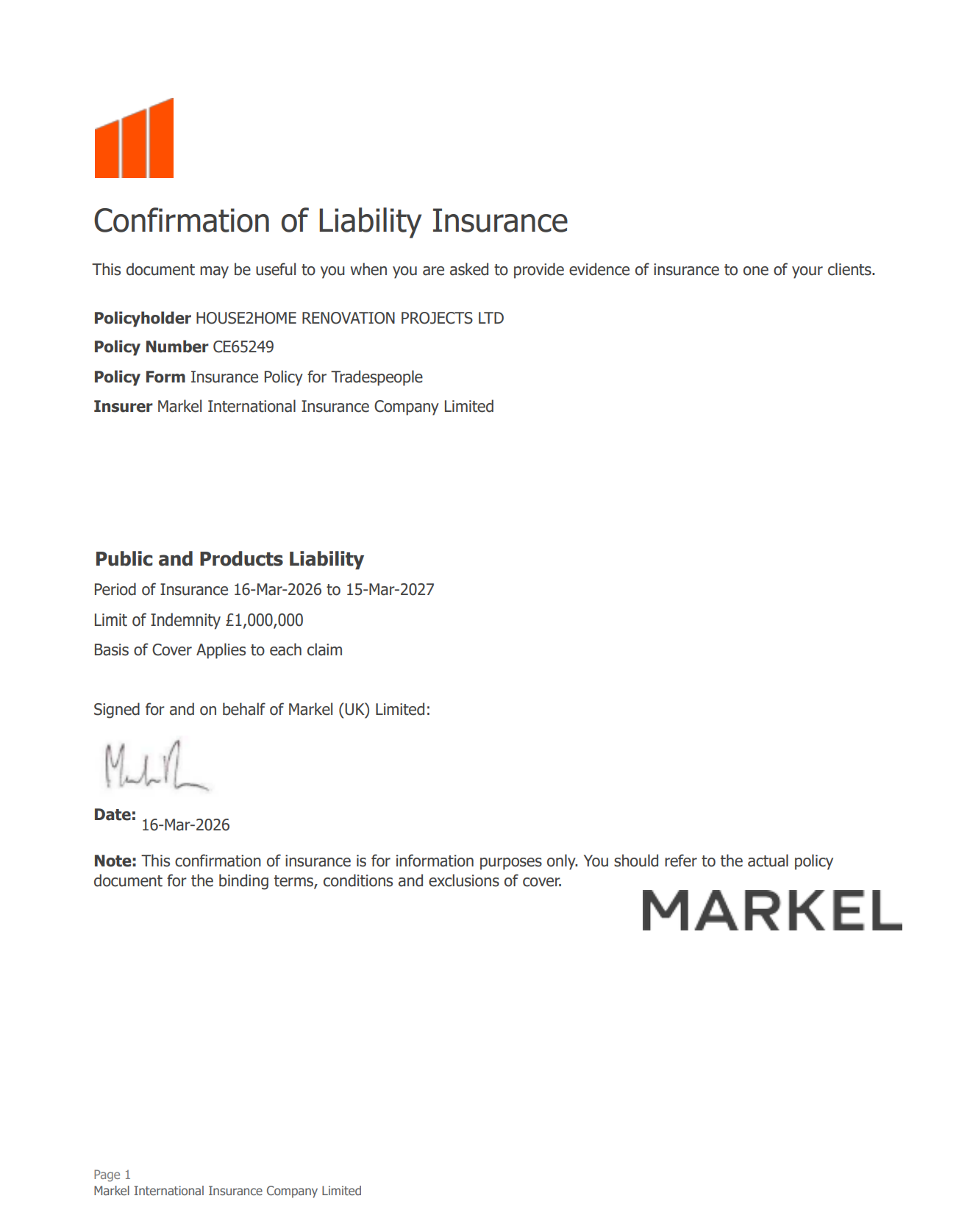 Public Liability Insurance Certificate